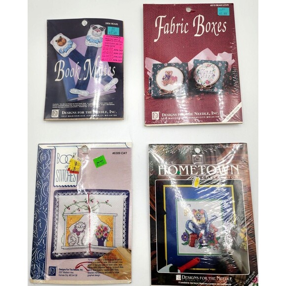 Designs for the Needle Cross Stich Lot of 4 Bears Mice Cat Fabric Boxes Bookmark - Picture 1 of 14